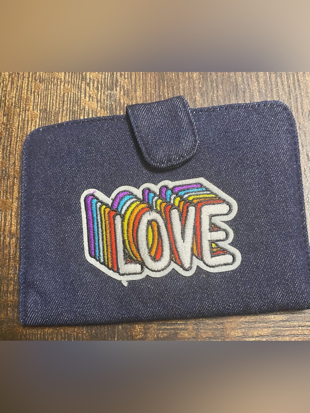 Love Embroidered Denim Wallet - Navy